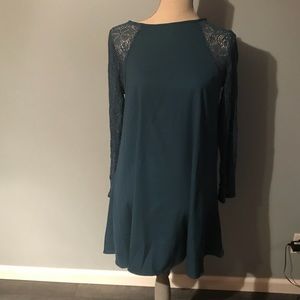Teal lace sleeved mini dress